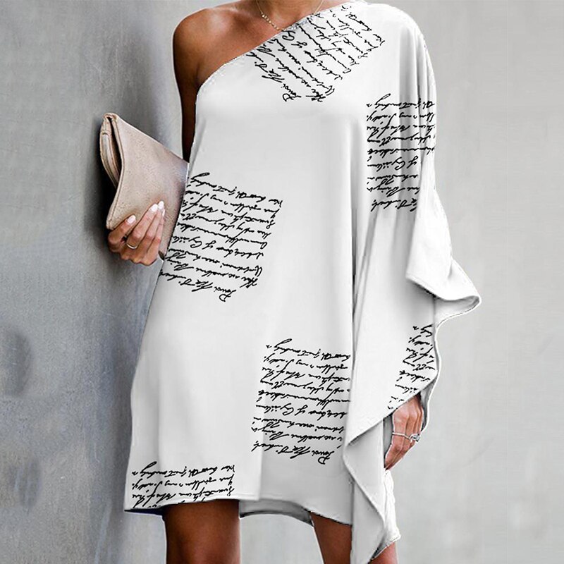 2021 Sexy One-Shoulder Printed Letters Casual Loose Women Spring Dress Ladies Fashion Korean Style Robe SJ7566M