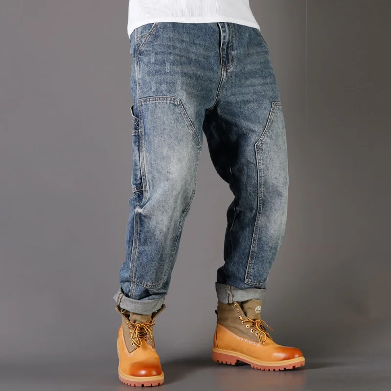 American Washed Distressed Workwear Straight-leg Stitching Jeans