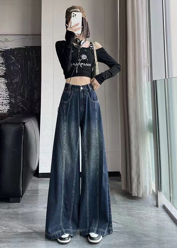 denim wide-leg casual patchwork python pants | wide... New Blue High Waist Patchwork Denim Wide Leg Pants Spring