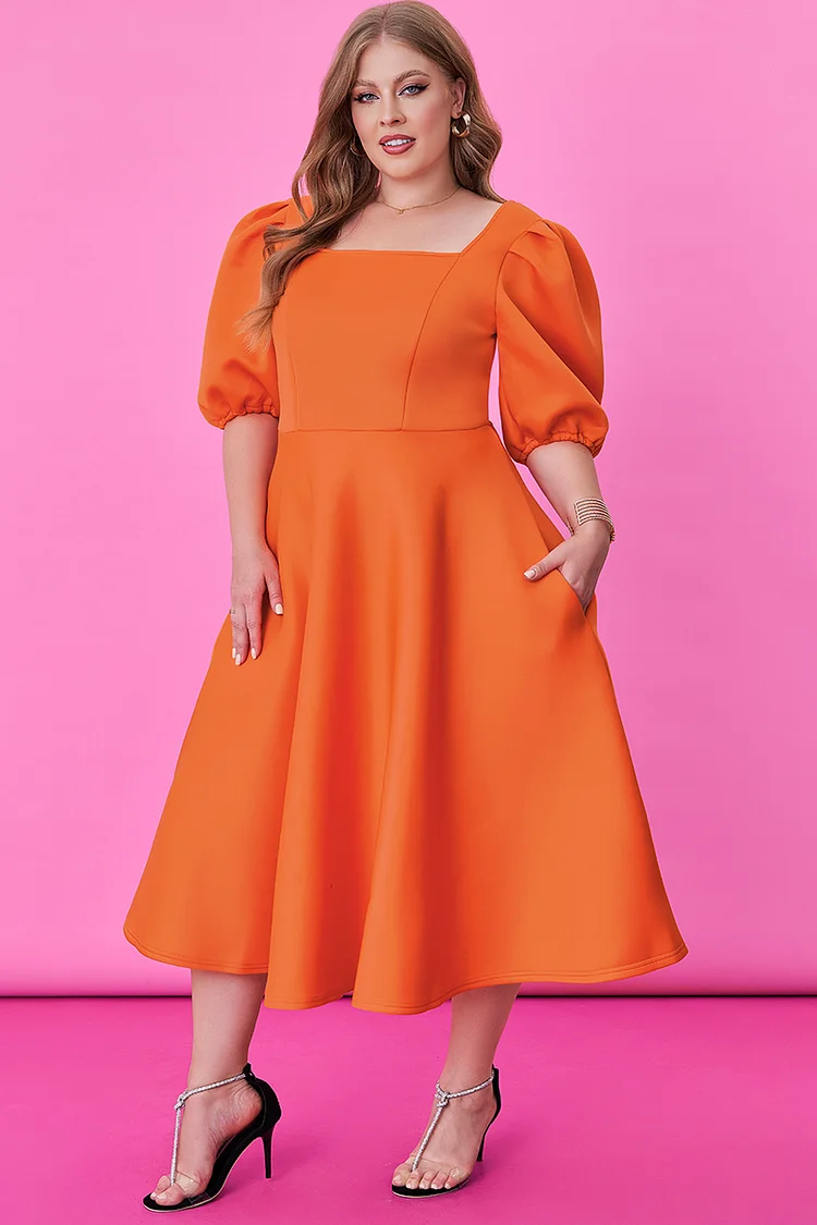 Xpluswear Design Plus Size Formal Orange Square Neck Puff Sleeve Pleated With Pockets Midi Dress