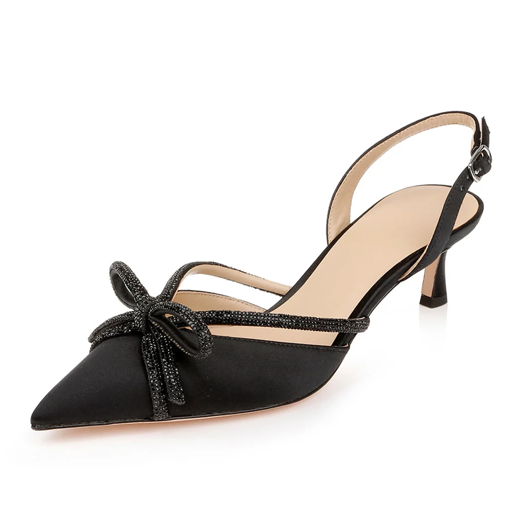 Stylish Black Satin Pointed Toe Jeweled Bow Slingback Kitten Heels