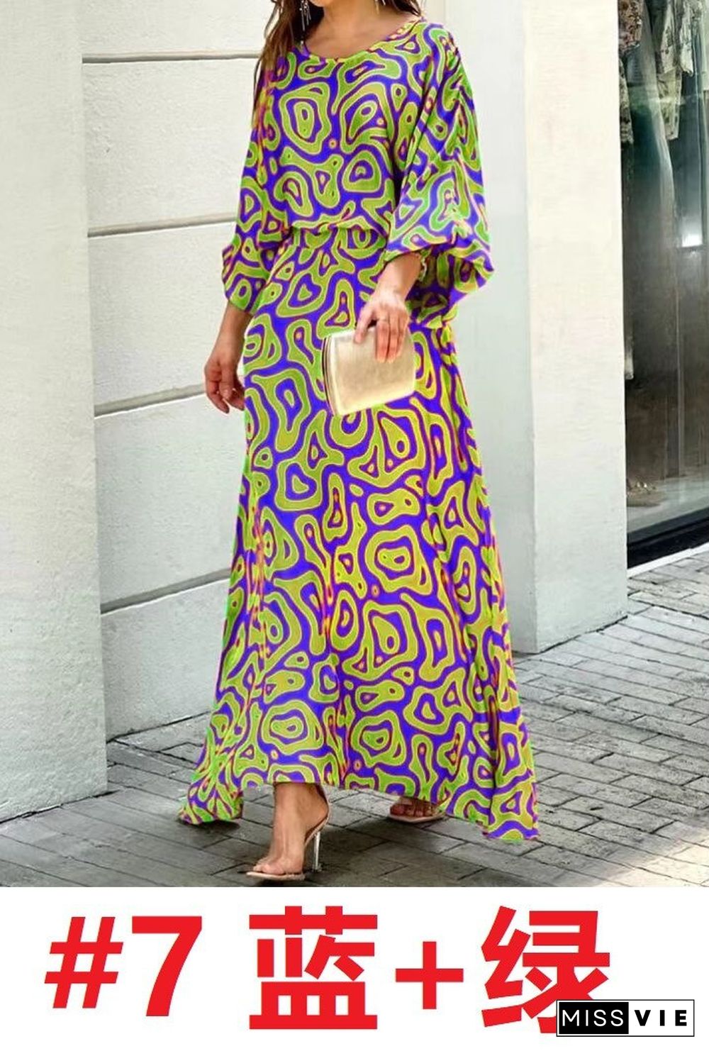Summer New Loose Printed Maxi Dress Long-sleeved Top High-waisted Half-length Dress Suit Vestidos De Mujer