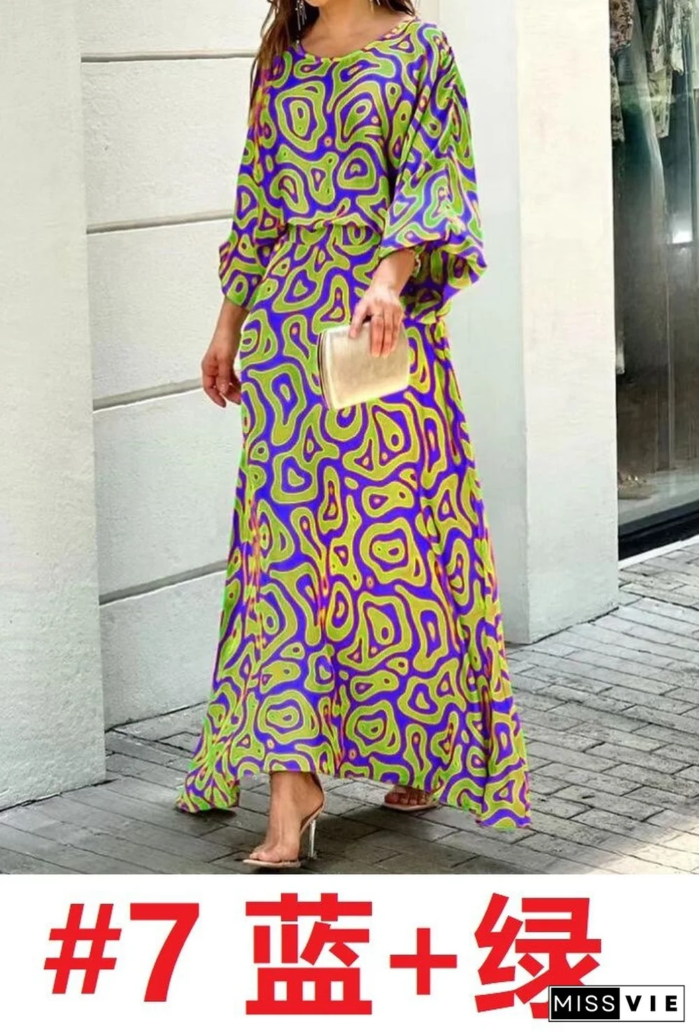 Summer New Loose Printed Maxi Dress Long-sleeved Top High-waisted Half-length Dress Suit Vestidos De Mujer