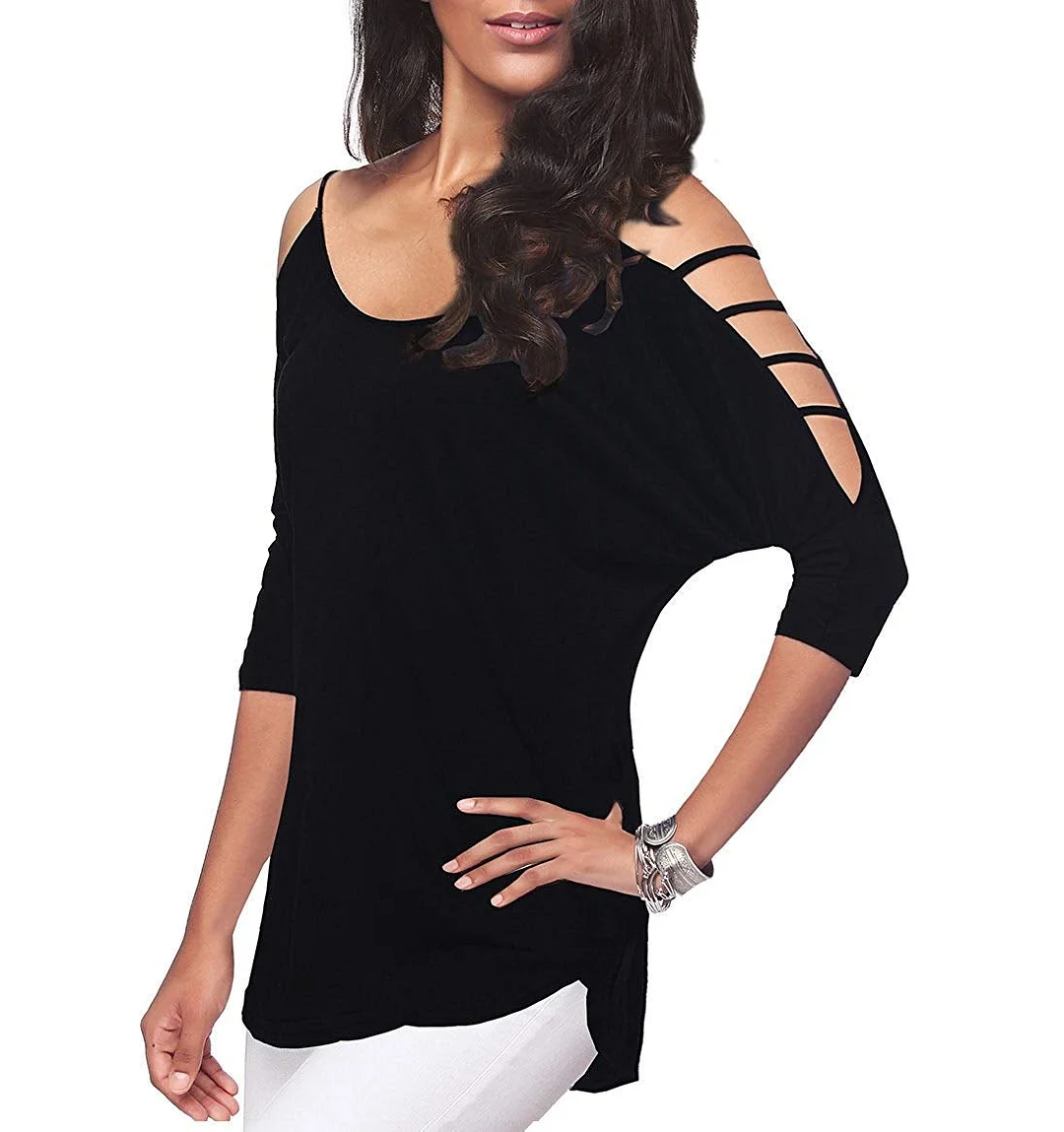 Women's Casual Loose Hollowed Out Shoulder Three Quarter Sleeve Shirts