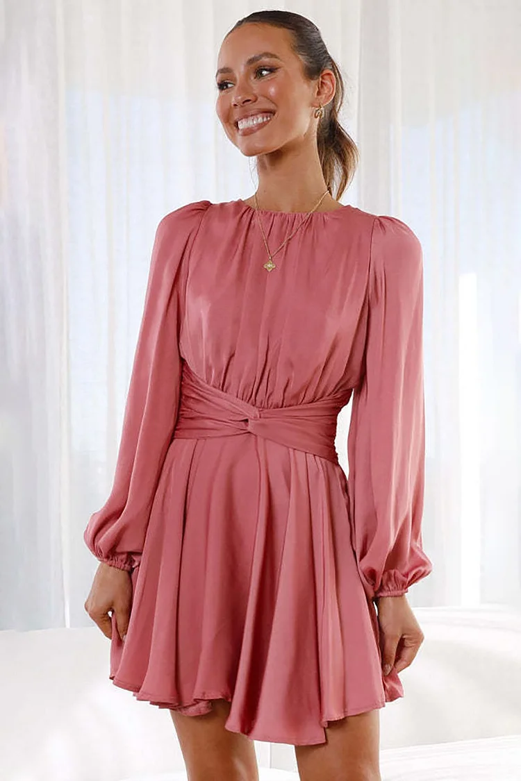 Round Neck Lantern Sleeve Ruched Twisted A-Line Mini Dresses