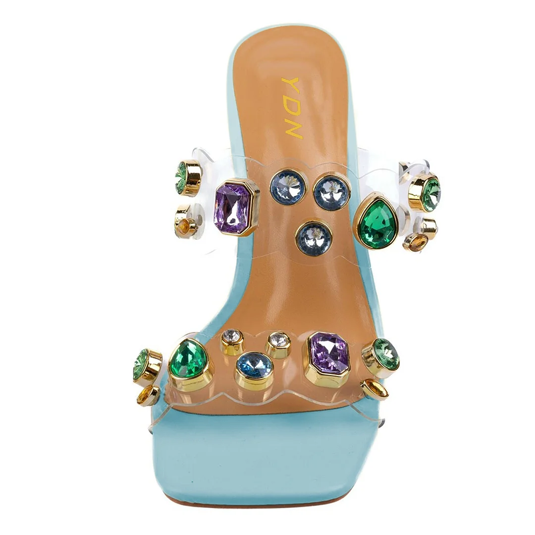 Sky Blue Leather Square Toe Rhinestone Embellished Clear Band Heels   
