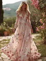 Vintage Boho Roses Embroidered Glitter Flowy Maxi Dress