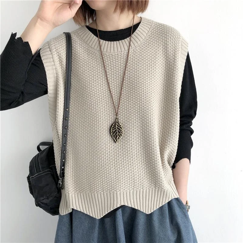 Churchf Churchf 2024 Solid Color Loose Round Collar Horse Clip Vest Wear Irregular Head Short Knit Vest Women's Vest