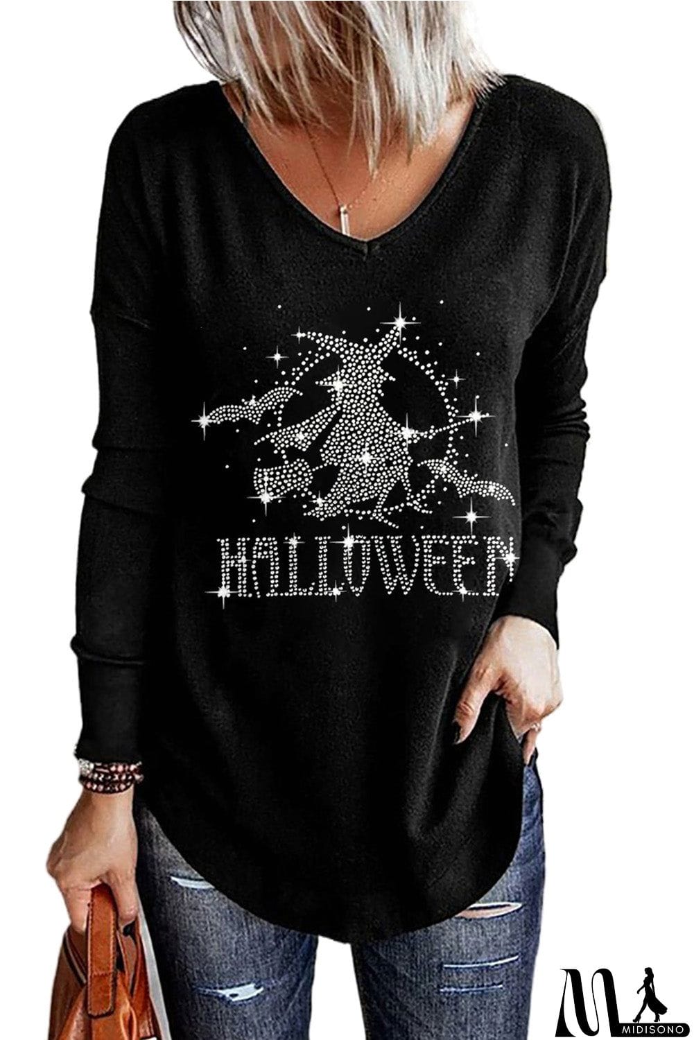 MidiSono - Halloween Witch Shining Graphic Print V Neck Top