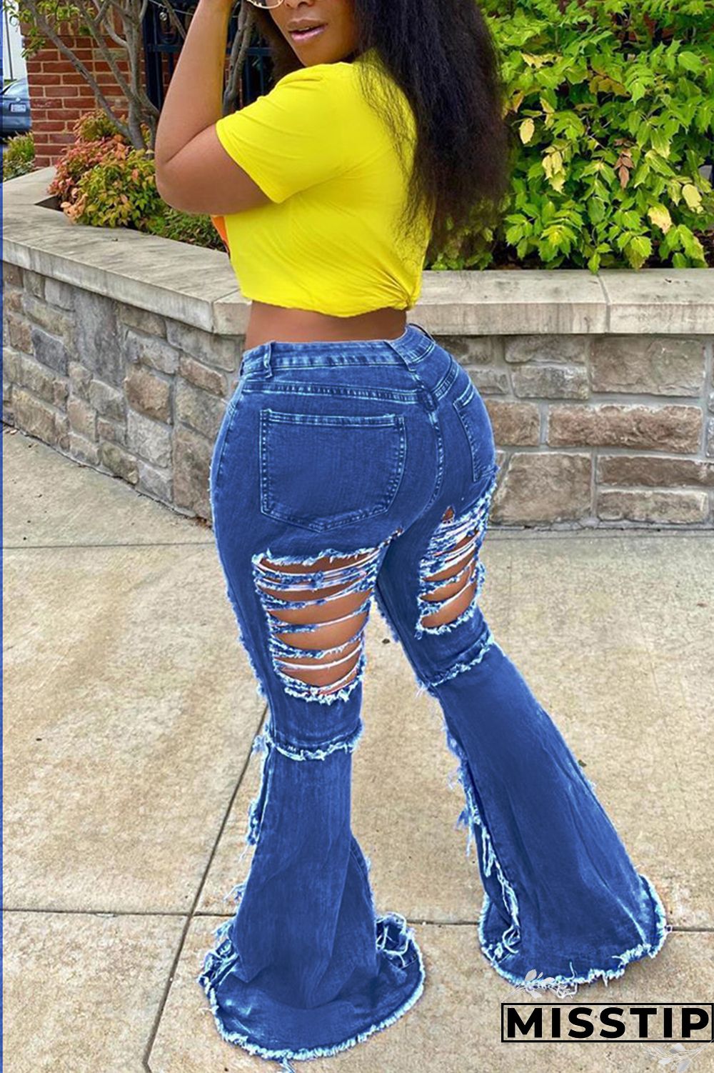 Blue Fashion Casual Solid Ripped Plus Size Jeans