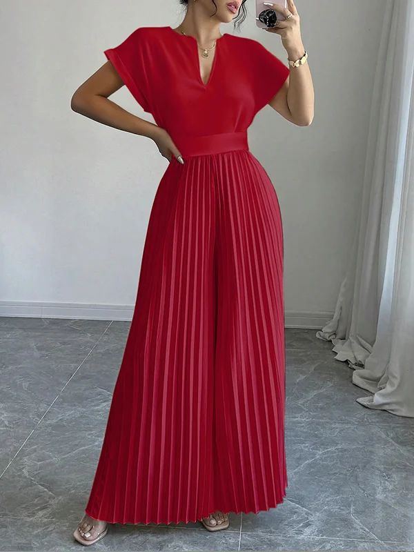 Loose Short Sleeves Pleated Solid Color Split-Joint V-Neck Jumpsuits