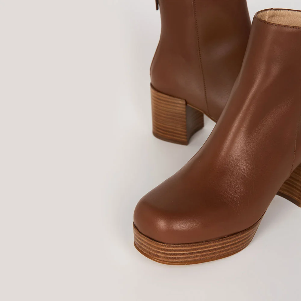 Brown Vegan Leather Round Toe Zipper Platform Heeled Ankle Boots