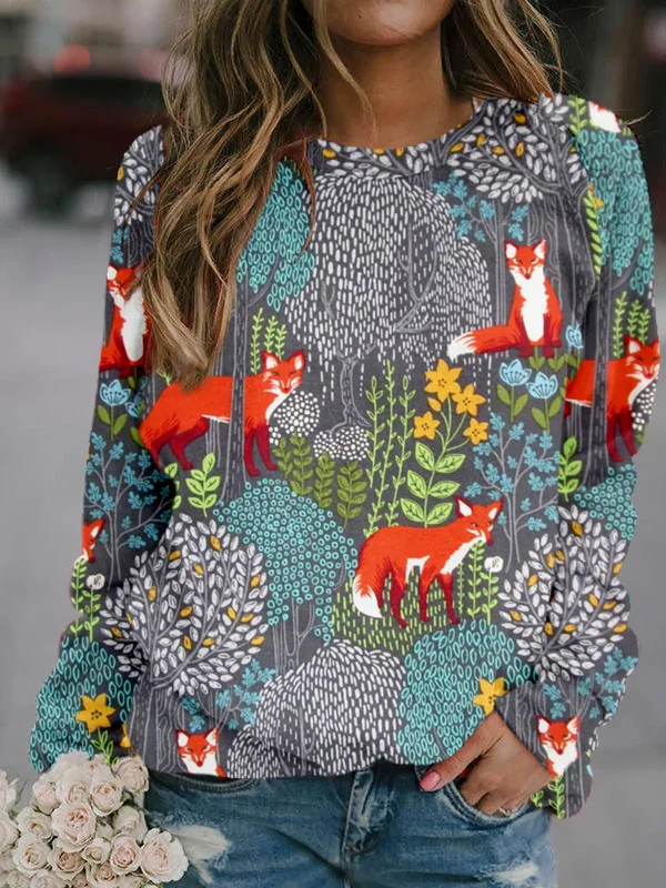 Fox in the Forest Graphic Print Comfy Sweatshirt