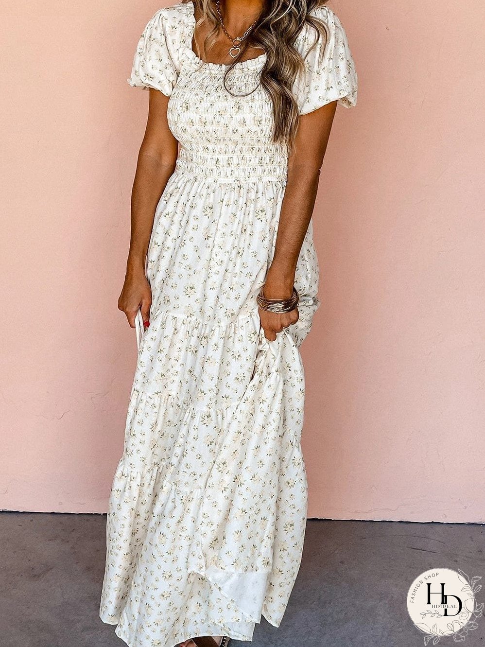 Floral Tiered White Maxi Dress with Shirred Bodice