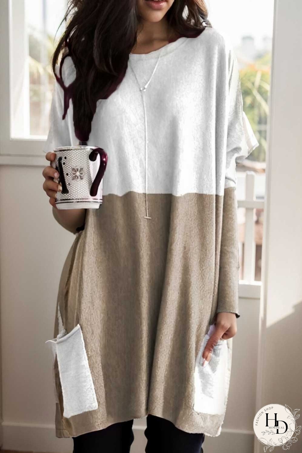 two color stitching pocket loose long sleeve t shirt