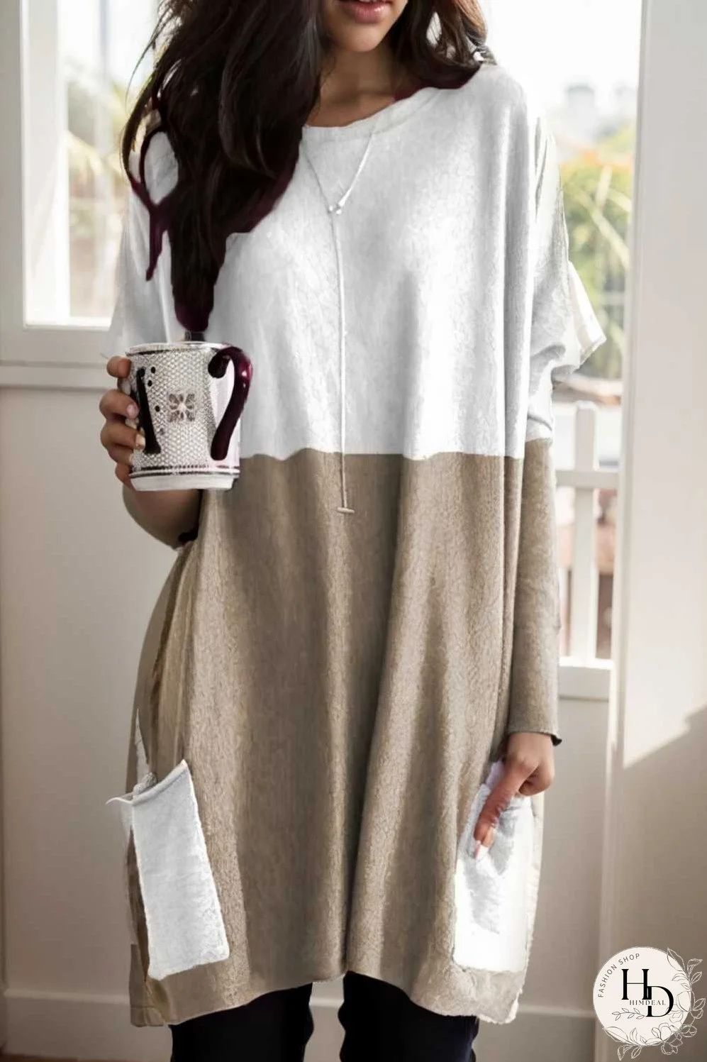 two color stitching pocket loose long sleeve t shirt