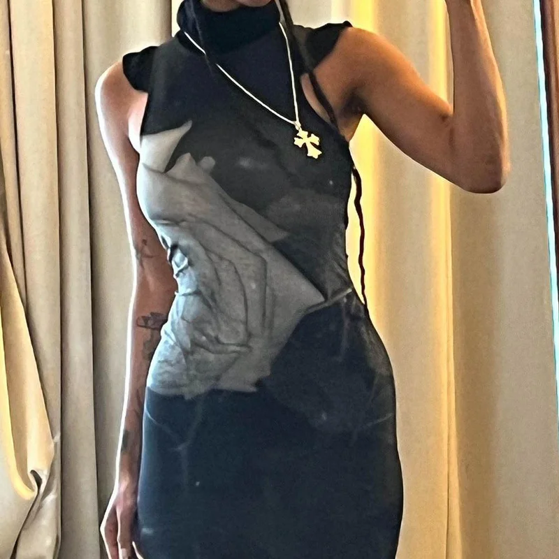 Uveng Uveng Summer New Retro Street Trend Print Color Round Collar High Waist Slim Dress