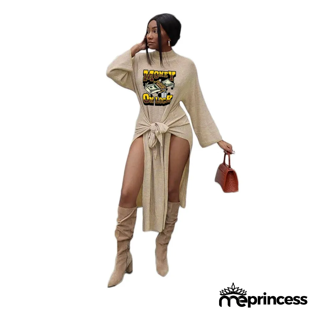 Print Ethnic Pullover Chic Career Half Ribbed Mid-Rise Lace-Up Dress