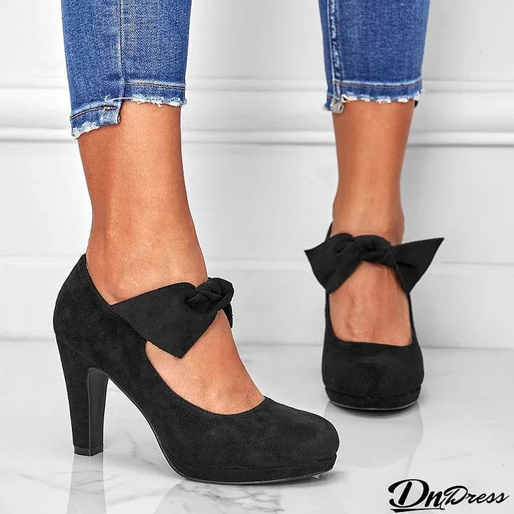 Female Elegant Black Closed Toe Suede Bowknot Pumps