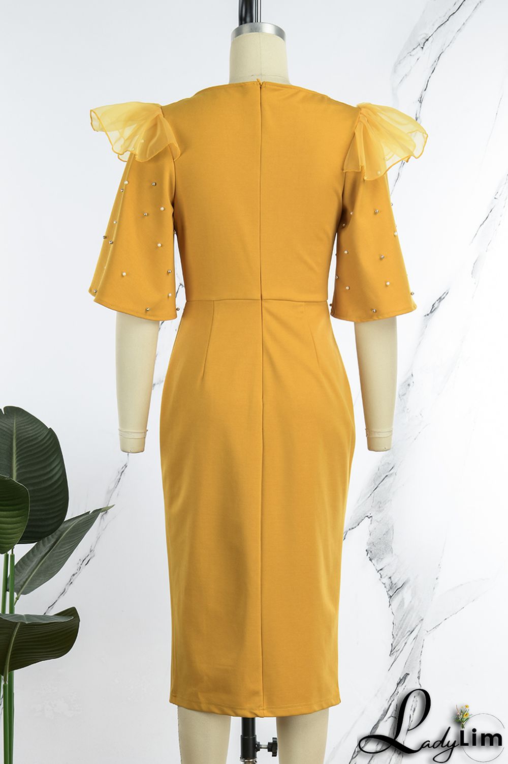 Yellow Casual Solid Patchwork Slit Beading V Neck One Step Skirt Dresses