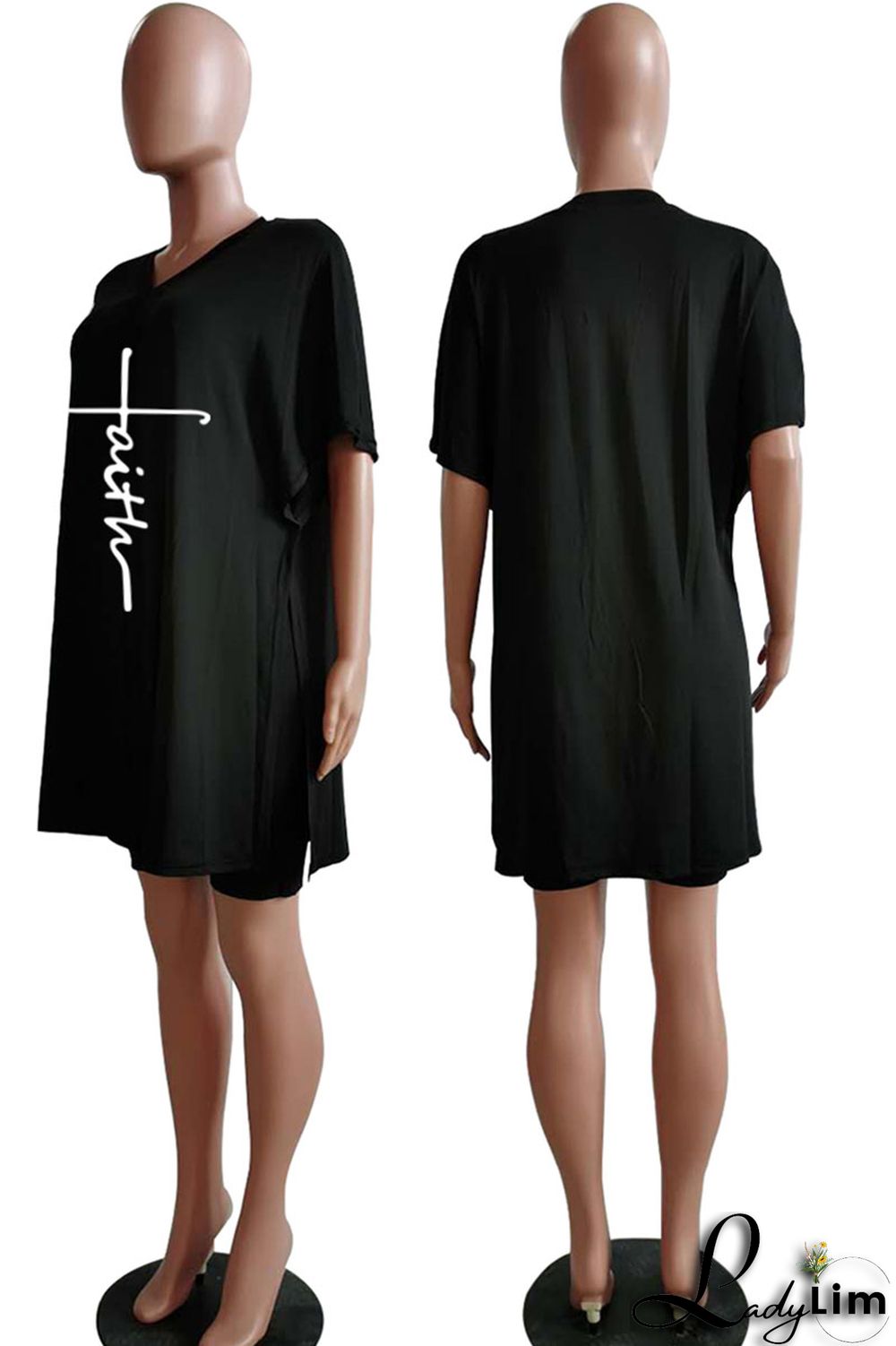 Tangerine Red Casual Print Split Joint V Neck Short Sleeve Two Pieces