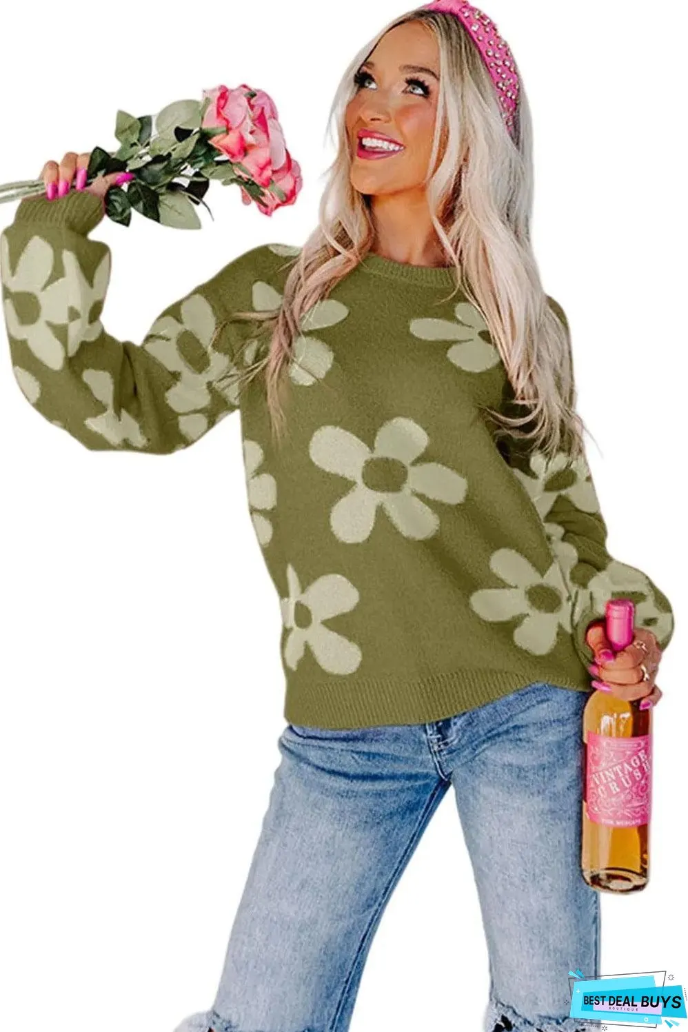 Spinach Green Big Flower Knit Ribbed Trim Sweater