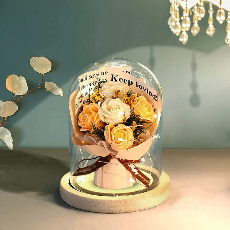 Wooden Base With Glass Cover Rose Everlasting Flower