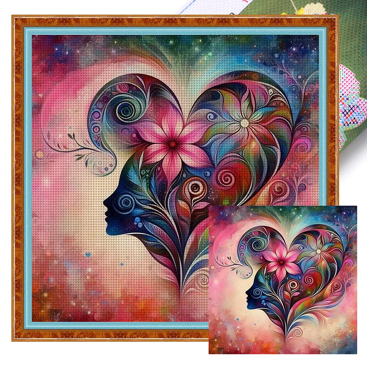 Heart Shaped Woman Flowers - Printed Cross Stitch 11CT 50*50CM