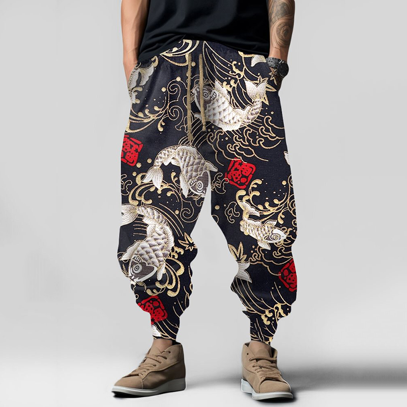 Comstylish Vintage Japanese Art Carp Element Pattern Casual Loose Drawstring Waist Sweatpants