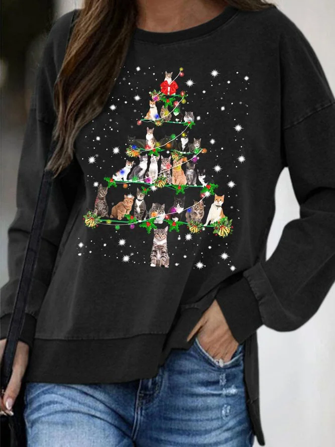 Women's Funny Cats Christmas Tree Printed Short Back Long Sweatshirt