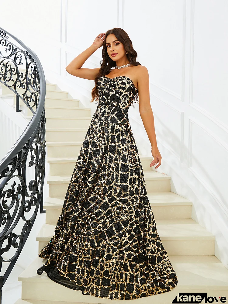 Strapless Geometric Sequin Evening Dress RM20832