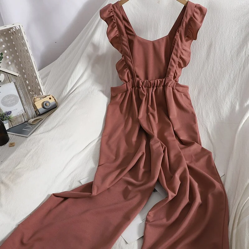 FTLZZ Spring New Arrival Women Casual Solid Jumpsuit Office Lady Sleeveless Ruffle Sexy Top Long Wide Leg Pants Outfits