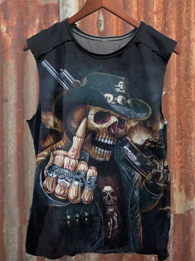 Women's Skeleton Death Cowboy Print Vest