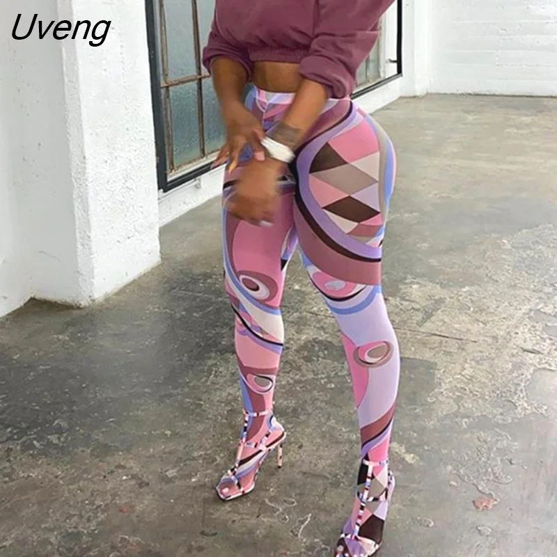Uveng Aesthetic Print Mesh Y2K Thin Leggings Women Trousers Casual High Waist Skinny Clothes Lady Jogger Pant Female Streetwear