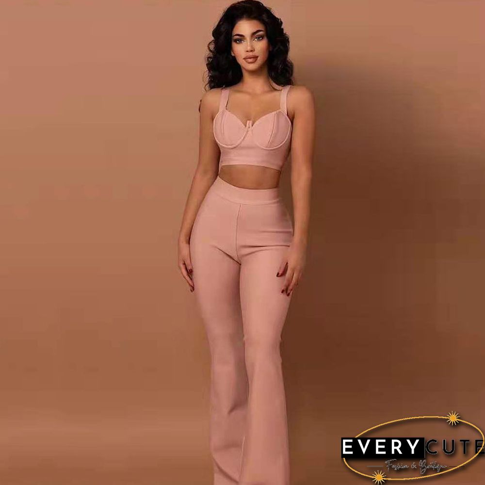 Summer Womens Fashion Sexy Bandage Two-Piece Set Sleeveless Tight Short Top High Waist