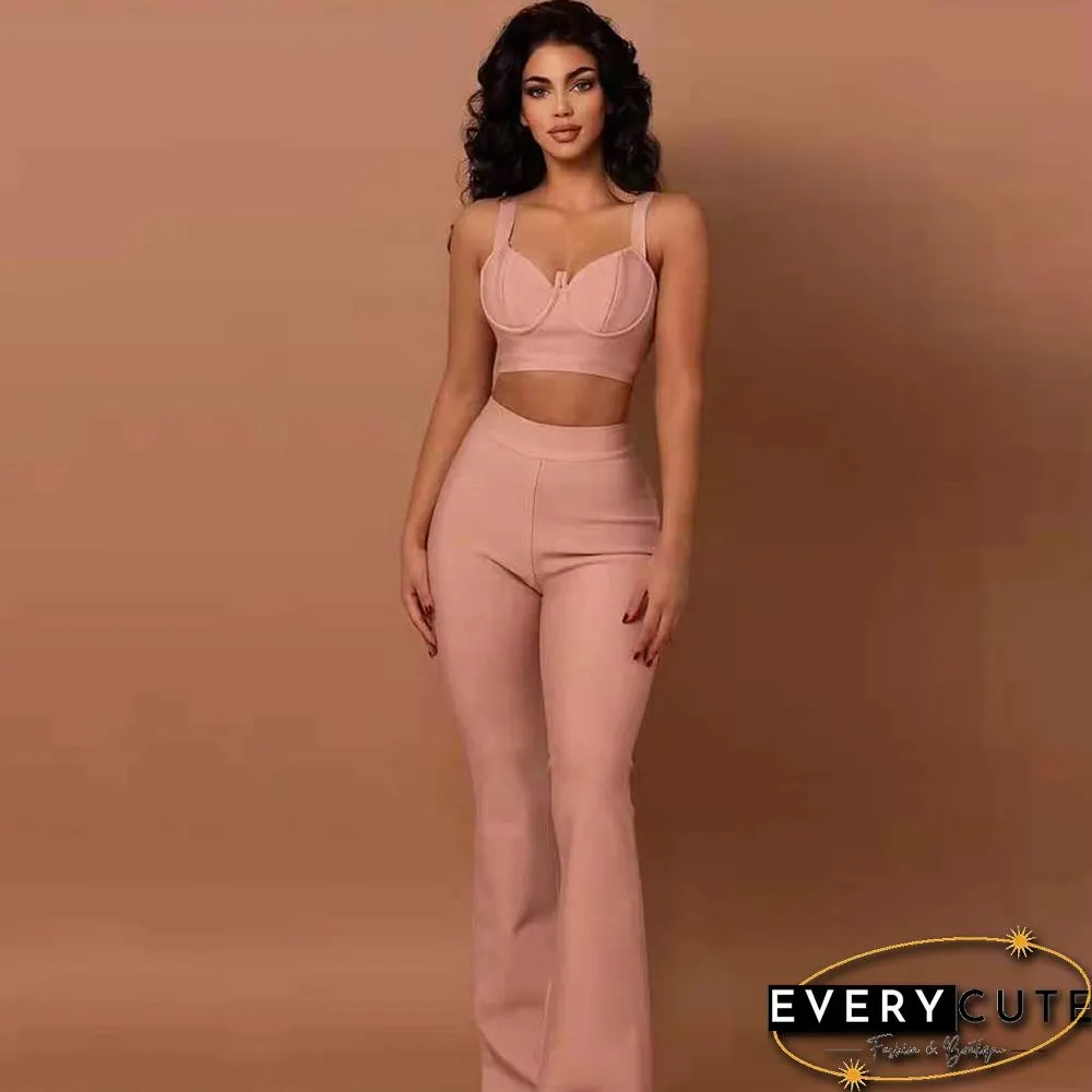 Summer Womens Fashion Sexy Bandage Two-Piece Set Sleeveless Tight Short Top High Waist