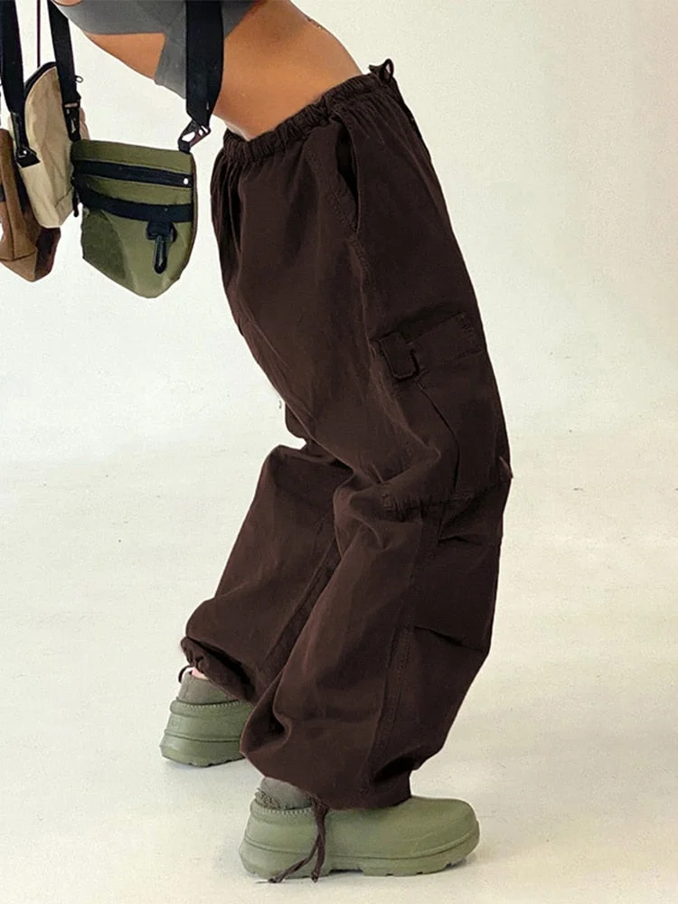 Jacqueline Y2K Wide Leg Cargo Pants Women Drawstring Baggy Low Waist Fashion Hippie Trousers Pocket Casual Street Vintage Brown