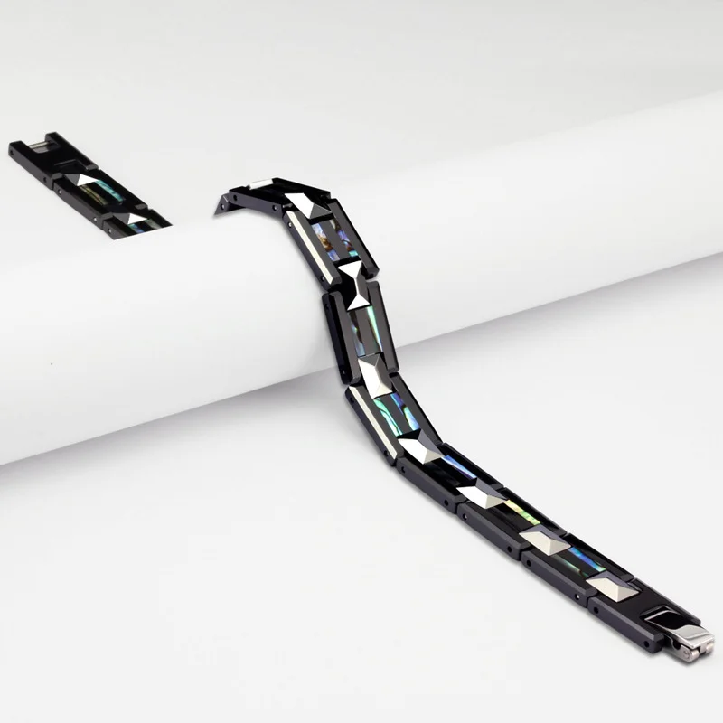 Women's Or Men's Unisex Personalised Tungsten Carbide 205mm Long Hologram Energy Bracelet with Natural Shell Inlay Fashion Link Chain Jewelry Gifts For Mens And Womens