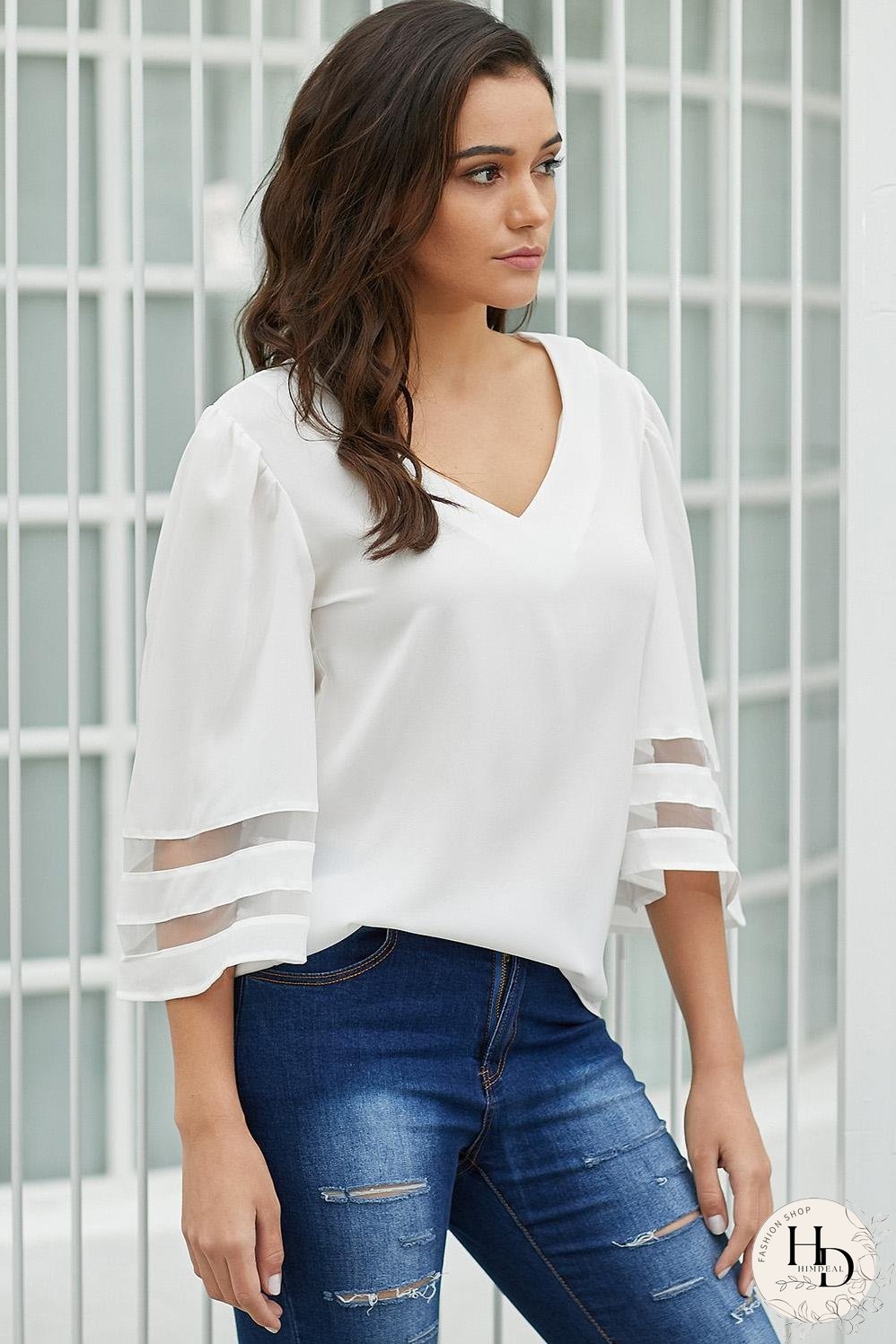 White Flare Sleeve V Neck Sheer Insert Blouse