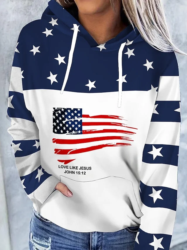 Women's Hoodie American Flag Stars Print Casual Sports Pullover Sweatshirts