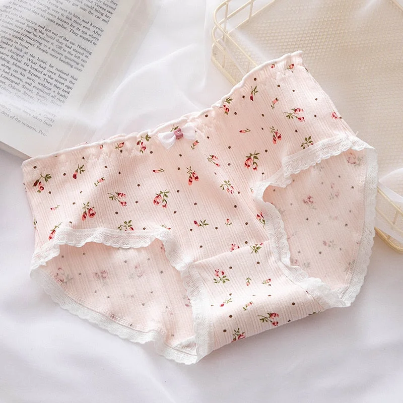 Women's Cotton Underwear Sexy Lace Panties Girl Fashion Thread Bow Briefs Mid Waist Seamless Comfort Underpants Female Lingerie