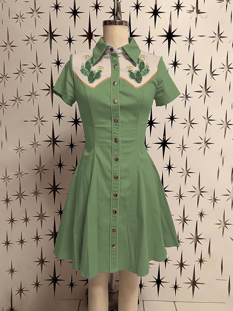 Western Retro Cactus Shirt Dress