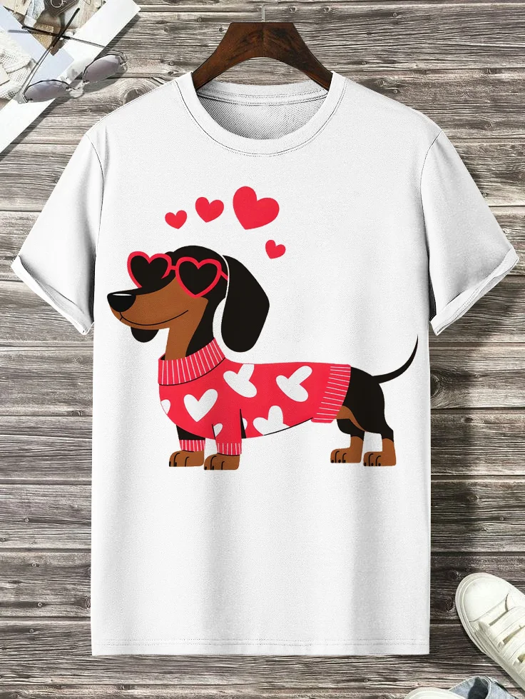 Men's Valentine Dachshund Print Cotton Casual T-Shirt