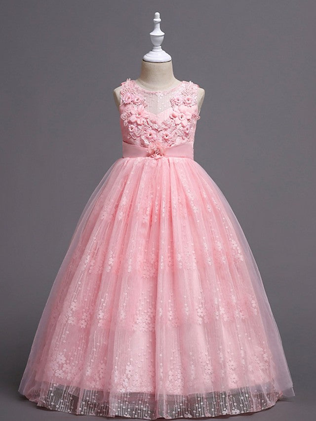 Oknass Sleeveless Jewel Neck Ball Gown Floor Length Flower Girl Dress Tulle With Bow Appliques
