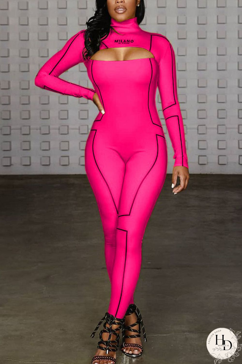 rose red Fashion Print Backless Milk. Long Sleeve O Neck Jumpsuits