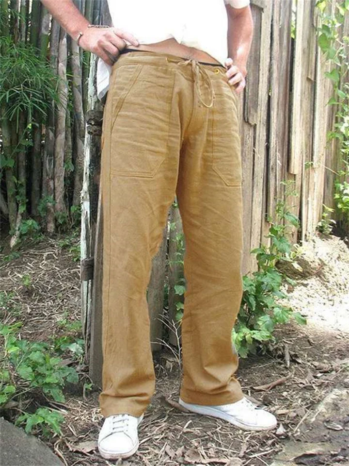 Men's Linen Pants Trousers Summer Pants Beach Pants Pocket Drawstring Elastic Drawstring Design Plain Breathable Lightweight Full Length Gym Yoga Linen / Cotton Blend Fashion Streetwear Light Gray-Cosfine