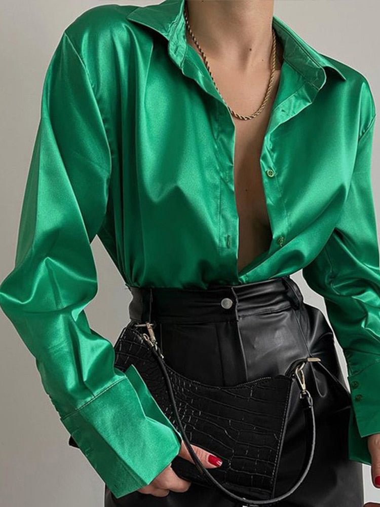Elegant Satin Long Sleeve Blouses Women 2022 Vintage Blue Green Silk Shirt Women Casual Loose Button Up Female Shirts Tops