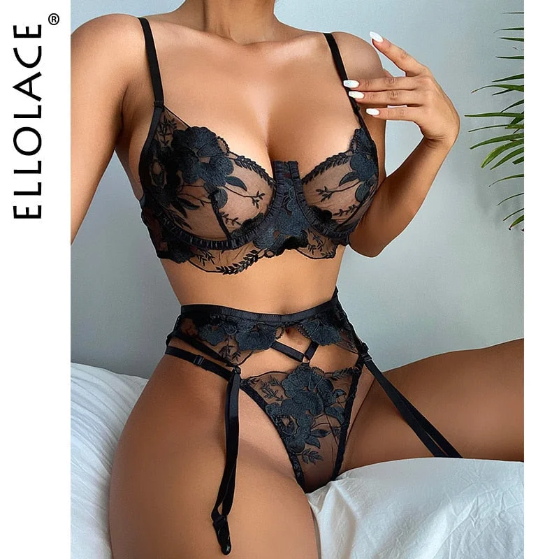 Ellolace Transparent Lingerie Sexy 3-Piece Sensual Lace Erotic Costumes See Through Hot Intimate Goods Sissy Porn Bilizna Set 514-1