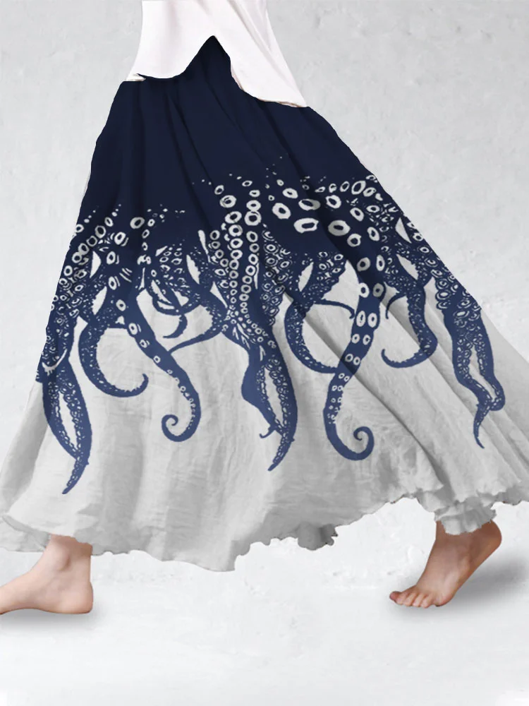 Japanese Art Ocean Octopus Print Cotton Blend Skirt