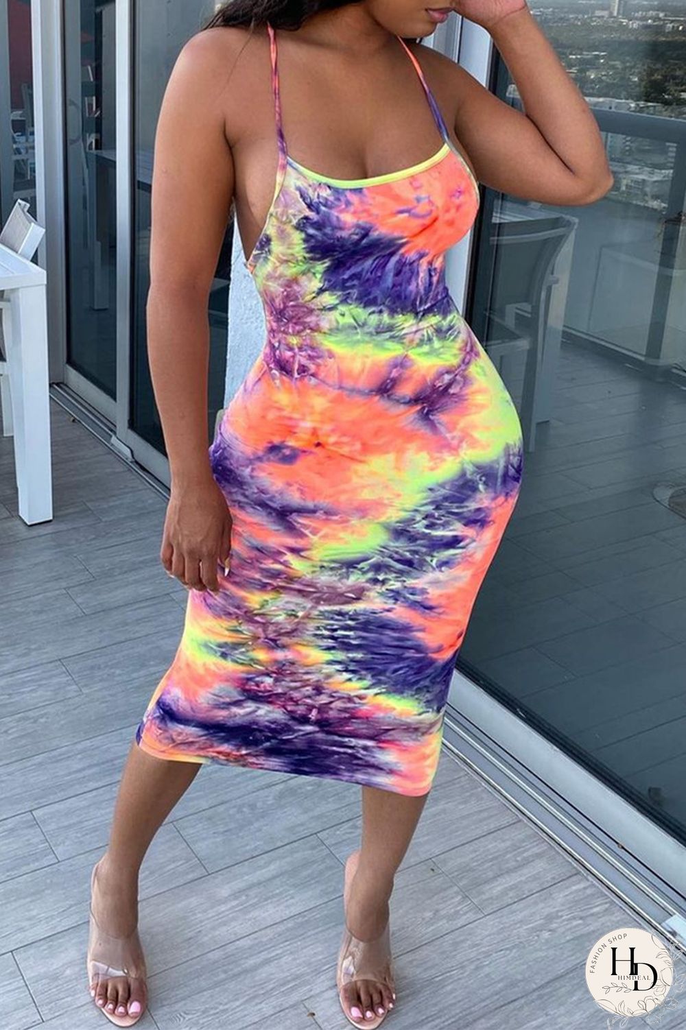 Colour Fashion Sexy Print Basic U Neck Sling Dress